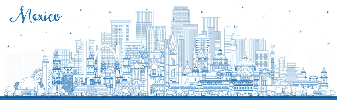 Outline Mexico Country City Skyline with Blue Buildings. vector