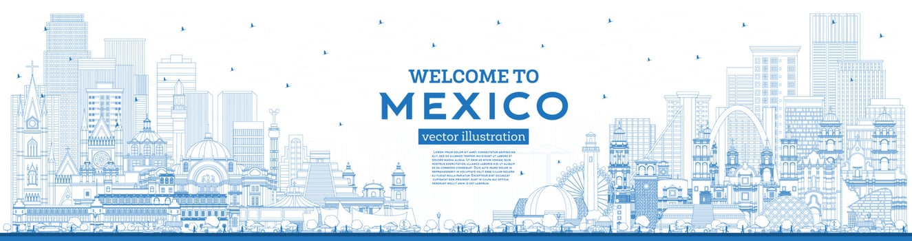 Outline Welcome to Mexico City Skyline with Blue Buildings. vector