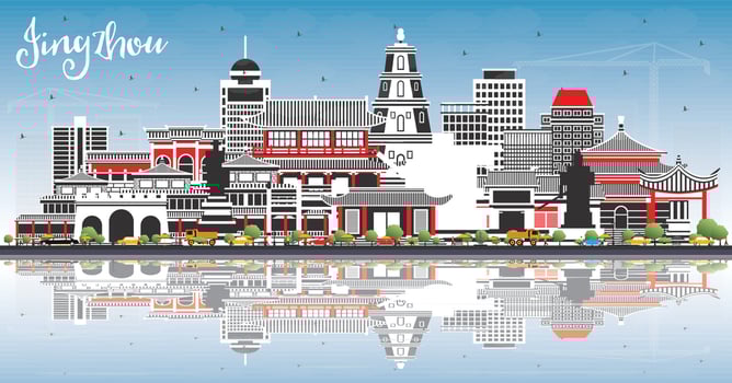 Jingzhou China City Skyline with Color Buildings, Blue Sky and Reflections. vector