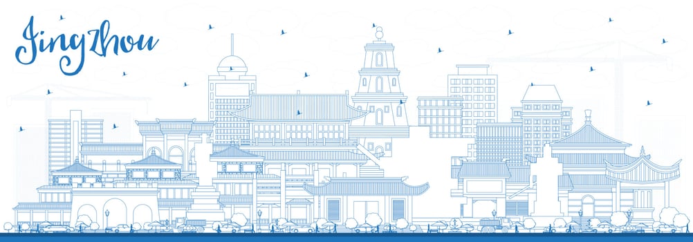 Outline Jingzhou China City Skyline with Blue Buildings. vector