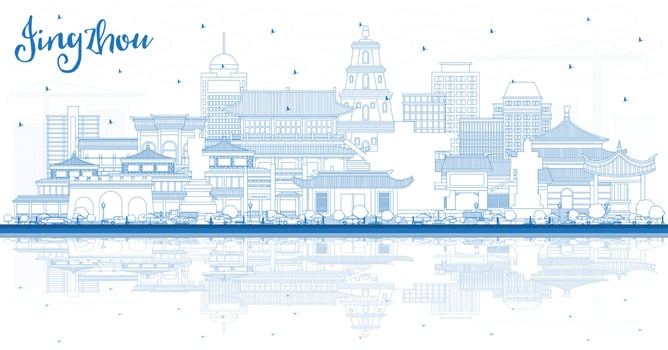 Outline Jingzhou China City Skyline with Blue Buildings and Reflections. vector