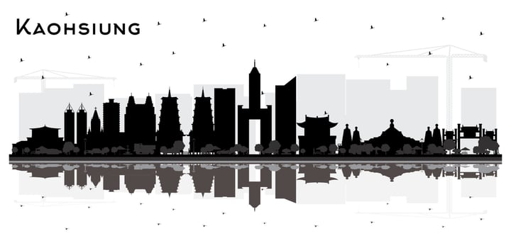 Kaohsiung Taiwan City Skyline Silhouette with Black Buildings and Reflections Isolated on White. vector
