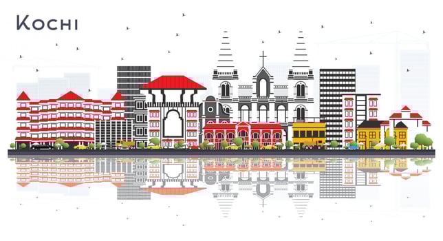 Kochi India City Skyline with Color Buildings and Reflections Isolated on White. vector