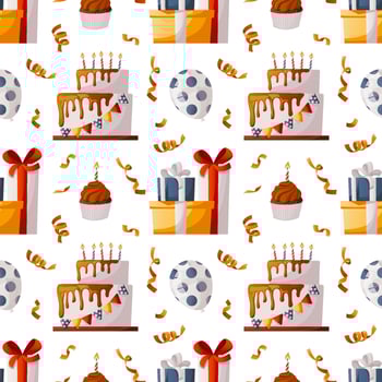 Pattern with Birthday cake, cupcake, balloons, gifts, confetti . Birthday party, celebration, holiday, festive. Perfect for product design, wallpaper, wrapping paper. Cartoon vector