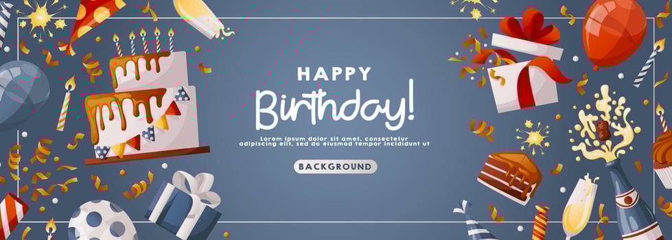 Birthday blue promo banner with cake, cupcake, gifts, champagne, caps, confetti. Birthday party, celebration, holiday, event, festive concept. Banner, flyer, advertising. Discount. Cartoon vector