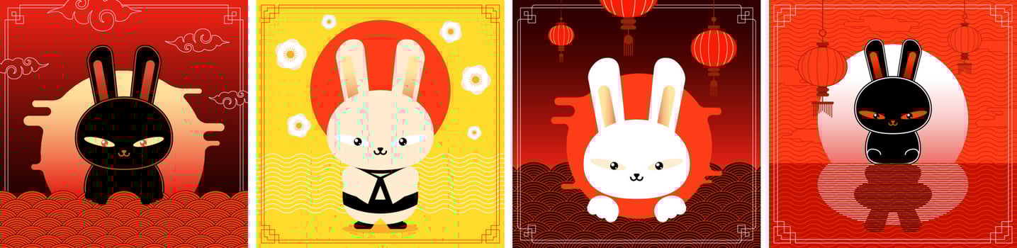 Chinese New year of black water rabbit square banner set. Greeting cards of China traditional annual zodiac symbol. Kawaii style asian hare. Trendy abstract design templates to oriental calendar 2023 vector