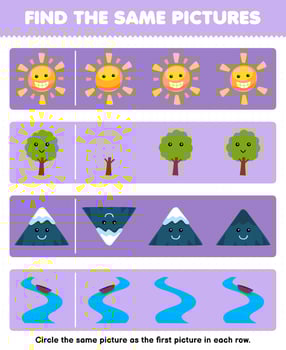 Education game for children find the same picture in each row of cute cartoon sun tree mountain river printable nature worksheet vector