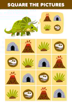 Education game for children help cute cartoon triceratops square the correct volcano cave grass fossil set picture printable nature worksheet vector