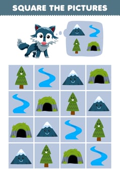 Education game for children help cute cartoon wolf square the correct mountain river tree cave set picture printable nature worksheet vector
