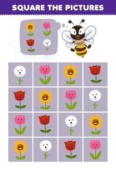 Education game for children help cute cartoon bee square the correct flower set picture printable nature worksheet vector