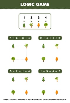 Education game for children draw lines according to the number sequences of cute cartoon tree pictures printable nature worksheet vector