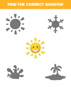 Education game for children find the correct shadow set of cute cartoon sun printable nature worksheet vector