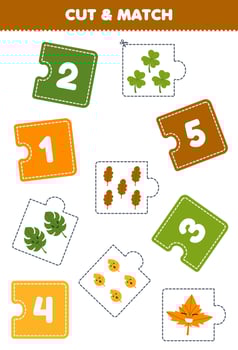 Education game for children cut piece of puzzle and match by number of cute cartoon leaf printable nature worksheet vector