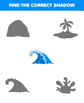 Education game for children find the correct shadow set of cute cartoon wave printable nature worksheet vector