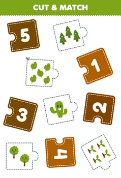 Education game for children cut piece of puzzle and match by number of cute cartoon tree printable nature worksheet vector