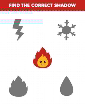 Education game for children find the correct shadow set of cute cartoon fire printable nature worksheet vector