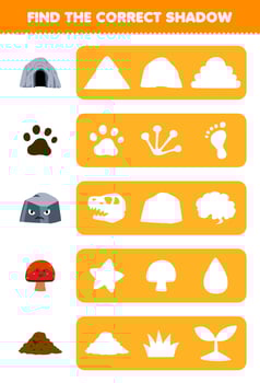 Education game for children find the correct shadow silhouette of cute cartoon cave footprint stone mushroom soil printable nature worksheet vector
