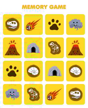 Education game for children memory to find similar pictures of cute cartoon fossil meteor footprint smoke volcano cave printable nature worksheet vector