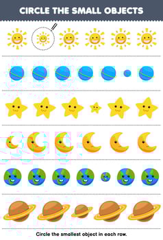 Education game for children circle the smallest object in each row of cute cartoon sun planet star moon printable nature worksheet vector