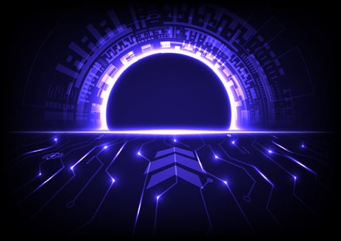 abstract circle hi tech glow There is a space in the middle with laser light and perspective electronic circuits There is a bright light on the line with the element. blue gradient background vector