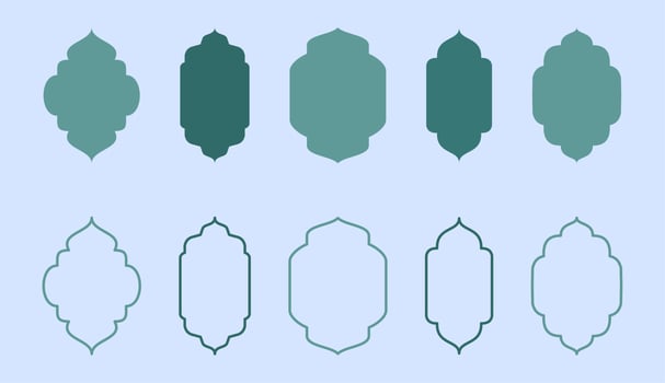 Collection of oriental style Islamic ramadan kareem windows and arches with modern style design, door mosque, mosque dome and lanterns. Ramadan illustration. vector