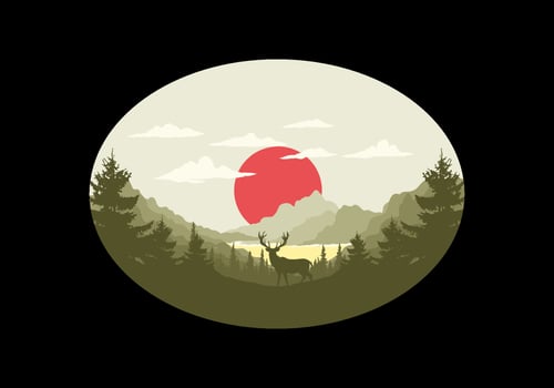 Landscape art illustration of lake and pine forests vector