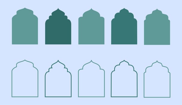 Collection of oriental style Islamic ramadan kareem windows and arches with modern style design, door mosque, mosque dome and lanterns. Ramadan illustration. vector
