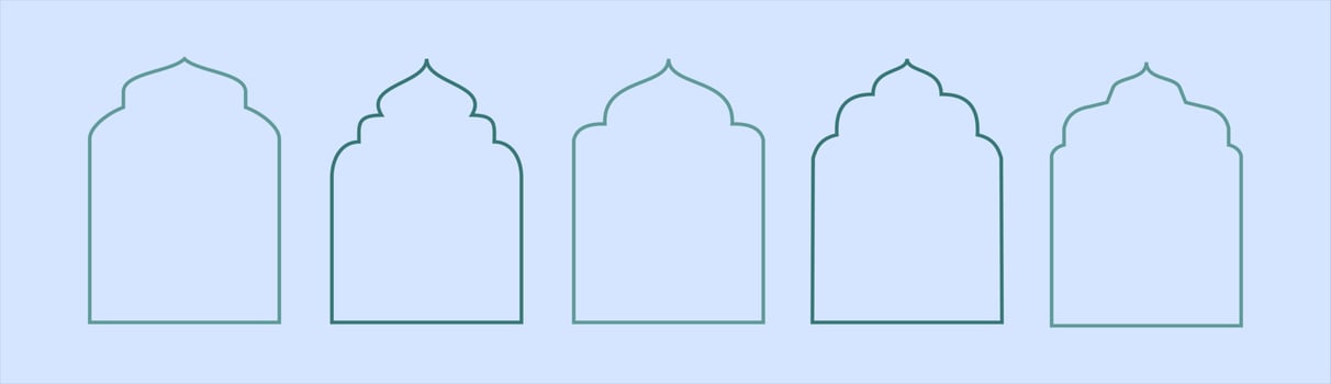 Collection of oriental style Islamic ramadan kareem windows and arches with modern style design, door mosque, mosque dome and lanterns. Ramadan illustration. vector