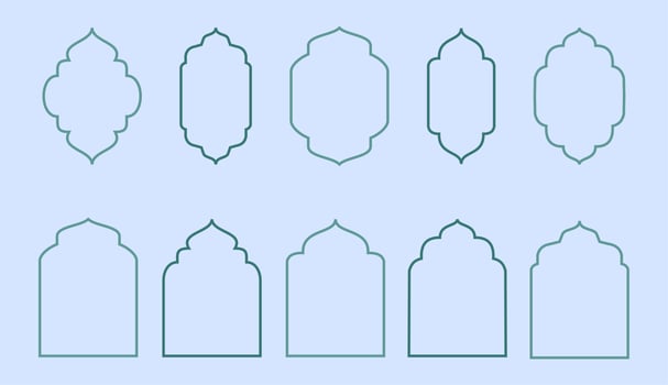 Collection of oriental style Islamic ramadan kareem windows and arches with modern style design, door mosque, mosque dome and lanterns. Ramadan illustration. vector