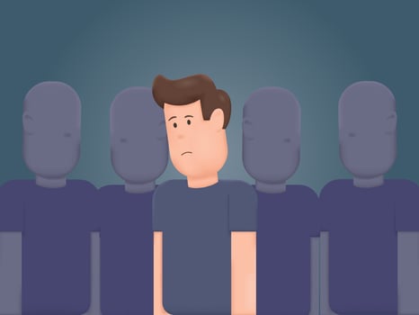 3D Unhappy young man feel lonely abandoned in crowd vector