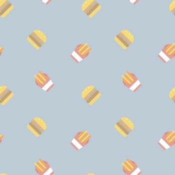seamless fast food with hamburger and french fries repeat pattern in blue background, flat vector illustration design