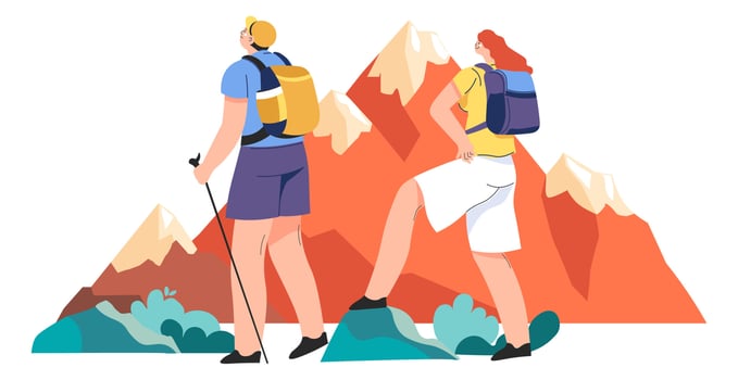 Couple mountaineering, man and woman on mountains vector