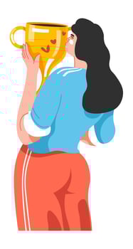 Woman holding golden trophy, kissing award cup vector