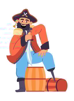 One leg pirate with wooden barrels of rum kegs vector