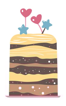 Cake with hearts and stars decor, tasty dessert vector