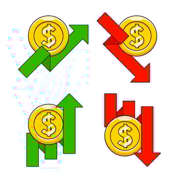 coin money icon financial economic graph gold coin cartoon style vector growing and taking down illustration