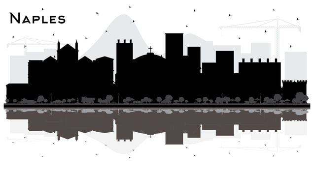 Naples Italy City Skyline with Black Buildings and Reflections Isolated on White. vector
