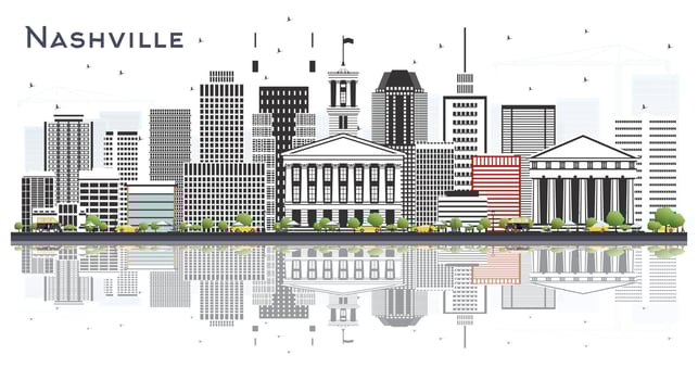 Nashville Tennessee City Skyline with Color Buildings and Reflections Isolated on White. vector