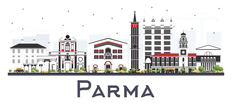 Parma Italy City Skyline with Color Buildings Isolated on White. vector