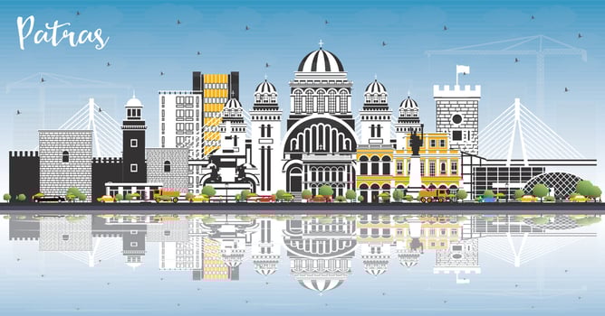 Patras Greece City Skyline with Color Buildings, Blue Sky and Reflections. vector