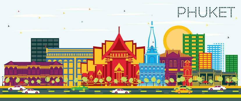 Phuket Thailand City Skyline with Color Buildings and Blue Sky. vector