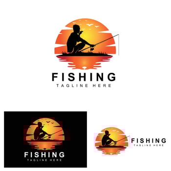 fishing logo icon vector, catch fish on the boat, outdoor sunset silhouette design vector
