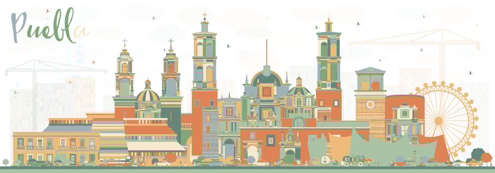 Puebla Mexico City Skyline with Color Buildings. vector