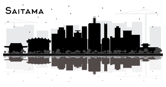 Saitama Japan City Skyline Black and White Silhouette with Reflections. vector