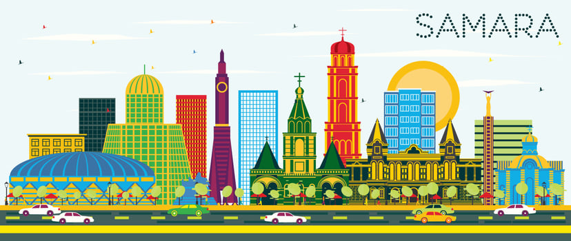 Samara Russia City Skyline with Color Buildings and Blue Sky. vector