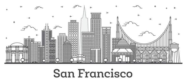 Outline San Francisco California City Skyline with Modern Buildings Isolated on White. vector
