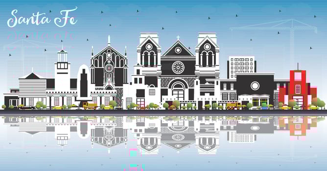 Santa Fe New Mexico City Skyline with Color Buildings, Blue Sky and Reflections. vector