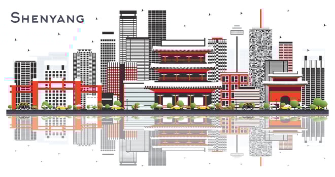 Shenyang China City Skyline with Gray Buildings and Reflections Isolated on White. vector