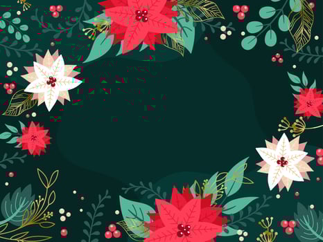 Red and White Poinsettia Flowers, Foliage, Leaves, and Faux Gold Foliage Accent Background vector