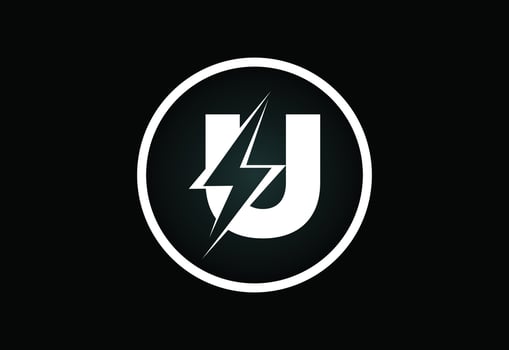 Initial U letter logo design with lighting thunder bolt. Electric bolt letter logo vector